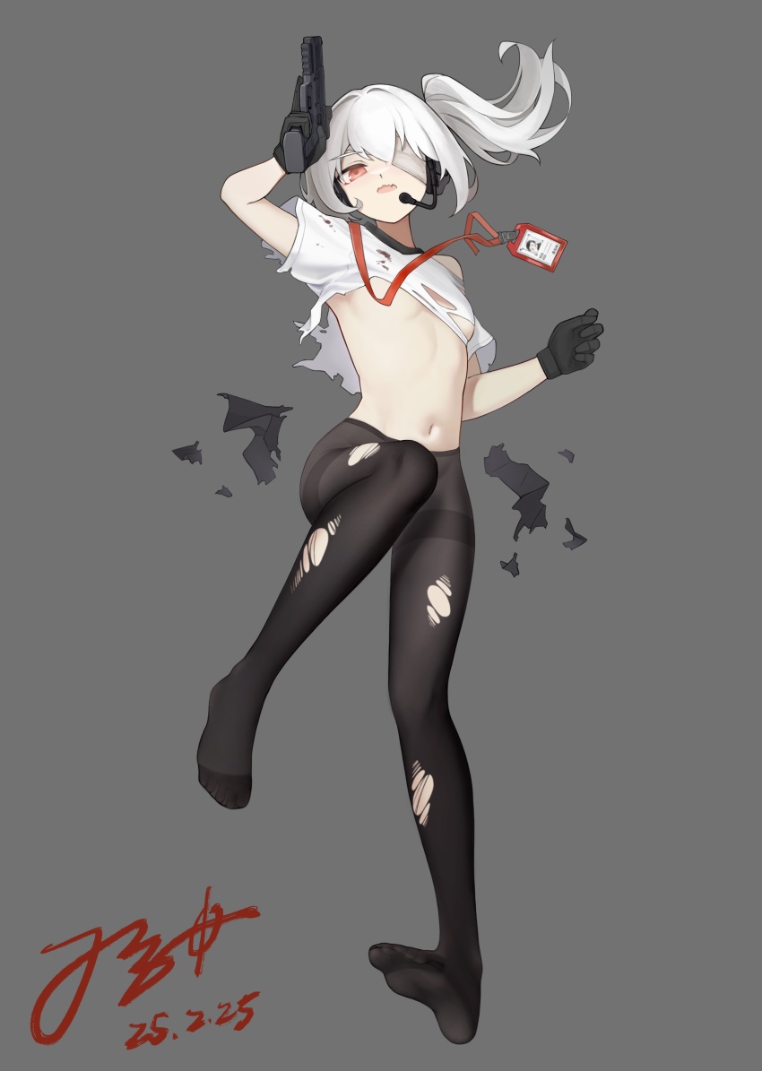 1girl absurdres bandage_over_one_eye bandages black_gloves black_pantyhose blood blood_on_clothes breasts chinese_commentary commentary_request convenient_leg dated ear_protection fangs feet floating_lanyard fn_five-seven full_body gloves grey_background grey_hair gun hand_up handgun headset highres holding holding_gun holding_weapon id_card jerry_wang lanyard medium_hair navel no_pants no_shoes one_side_up open_mouth optical_sight original pantyhose pink_eyes red_trim shirt short_sleeves signature simple_background skin_fangs skindentation skirt small_breasts soles thighhighs thighs toes torn_clothes torn_shirt torn_skirt torn_thighhighs trigger_discipline underboob weapon white_hair white_shirt zettai_ryouiki