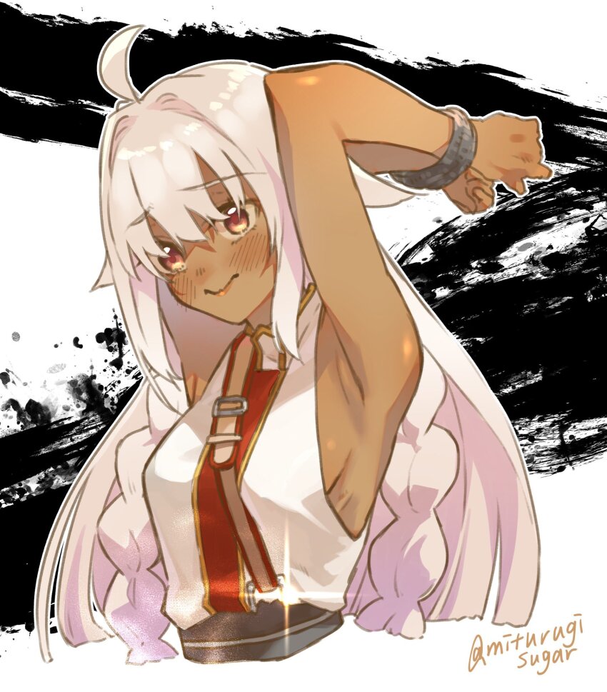 1girl ahoge arm_up armpits bare_shoulders belt blush braid breasts dark-skinned_female dark_skin fate/grand_order fate_(series) highres lakshmibai_(fate) long_hair looking_at_viewer medium_breasts mitsurugi_sugar presenting_armpit red_eyes shirt sidelocks sleeveless sleeveless_shirt solo twin_braids white_hair white_shirt