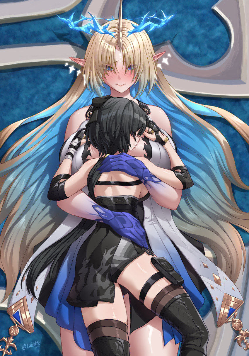 2girls absurdres bare_shoulders black_boots black_bow black_dress black_gloves black_hair black_thighhighs blonde_hair blue_eyes blue_hair blue_hands blush boots bow breast_pillow breasts closed_eyes closed_mouth commentary crown_of_thorns dress ear_blush earrings elbow_pads english_commentary female_rover_(wuthering_waves) fleurdelys_(wuthering_waves) floating_earrings from_above girl_on_top gloves hair_bow hair_spread_out highres horns hug huge_breasts jewelry large_breasts long_hair long_horns low_ponytail luizhtx lying median_furrow multiple_girls on_back parted_bangs pointy_ears ponytail rover_(wuthering_waves) sidelocks single_horn smile tacet_mark_(wuthering_waves) thigh_boots thighhighs thighhighs_under_boots thighs twitter_username very_long_hair wuthering_waves yellow_horns
