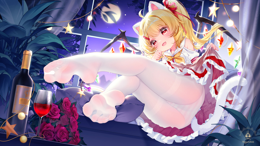 1girl ahoge animal_ears ass blonde_hair bottle cat_ears cat_tail cup drinking_glass feet flandre_scarlet foot_focus from_below highres panties panties_under_pantyhose pantyhose reclining red_eyes red_ribbon ribbon see-through_clothes see-through_legwear striped_clothes striped_panties suaynnai_wanzi tagme tail touhou underwear white_pantyhose wine_bottle wine_glass