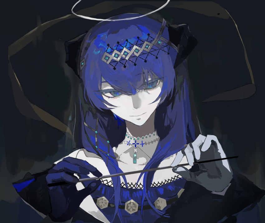 1girl absurdres ambience_synesthesia aqua_eyes arknights asymmetrical_gloves black_horns blue_gloves blue_hair blue_jacket blue_shirt chinese_commentary closed_mouth colored_eyelashes commentary_request conductor_baton gloves grey_gloves halo head_tilt highres holding_baton horns jacket kuma_(yoooooooo152) long_hair looking_at_viewer mismatched_gloves mostima_(arknights) mostima_(ethereal_harmony)_(arknights) pale_skin portrait shirt smile solo