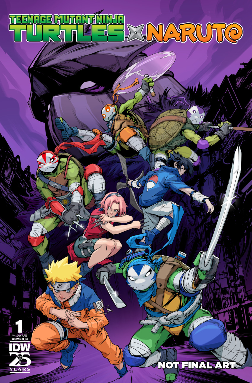 1girl 6+boys armor artist_request black_cape black_eyes black_hair blonde_hair blue_eyes blue_mask bo_staff cape colored_skin comic_cover crossover donatello_(tmnt) elbow_sleeve facial_mark forehead_protector gloves green_eyes hairband haruno_sakura helmet hetero highres holding holding_nunchaku holding_weapon idw_publishing jacket jumpsuit katana konohagakure_shinobi_uniform konohagakure_symbol kunai leonardo_(tmnt) looking_at_viewer mask michelangelo_(tmnt) multiple_boys naruto_(classic) naruto_(series) ninja ninjatou nunchaku official_art orange_pants pants pink_hair raphael_(tmnt) reptile_boy sai_(weapon) scarf shirt short_hair short_sword shoulder_armor shredder_(tmnt) source_request spiked_hair staff sword team_7_(naruto) teenage_mutant_ninja_turtles teenage_mutant_ninja_turtles_(idw) turtle turtle_boy uchiha_sasuke uchiha_symbol uzumaki_naruto uzumaki_symbol weapon western_comics_(style) whisker_markings yellow_jumpsuit
