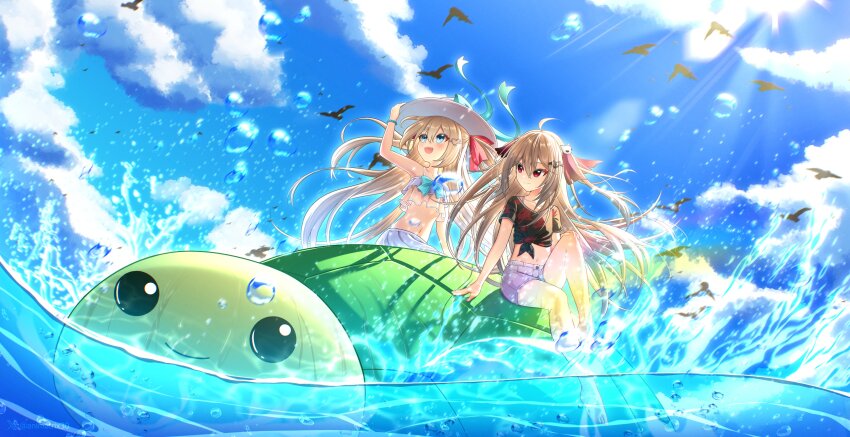 2girls absurdres ahoge animatrix arm_support bare_legs bead_bracelet beads bikini bird black_shirt blue_bikini blue_bow blue_bowtie blue_eyes blue_shorts blue_skirt blue_sky blush bow bowtie bracelet broken_heart_hair_ornament brown_hair closed_mouth cloud day evil_neuro-sama fang hair_between_eyes hair_ornament hair_ribbon hand_on_headwear hat heart heart_hair_ornament highres jewelry long_hair multiple_girls navel neuro-sama ocean open_mouth outdoors rainbow red_eyes red_ribbon ribbon shirt shorts siblings sidelighting sisters sitting skin_fang skirt sky smile spaghetti_strap sunlight swimsuit twins two_side_up vedal987 vedal_ai very_long_hair virtual_youtuber water water_drop white_hat wide_shot