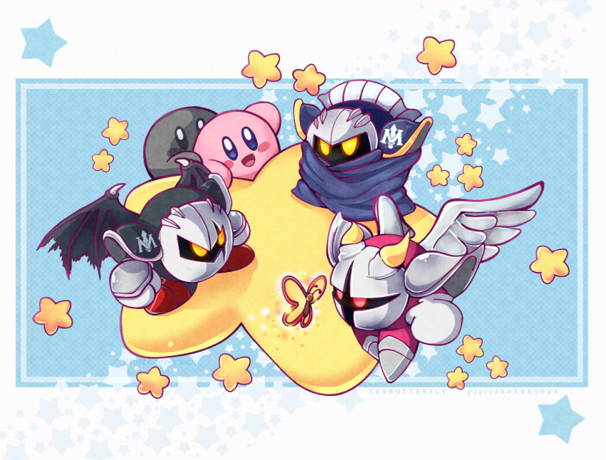 5others :d artist_name black_wings bug butterfly cape commentary dark_meta_knight english_commentary galacta_knight glowing glowing_eyes horns insect kirby kirby_(series) mask meta_knight multiple_others nintendo open_mouth pixiv_id red_eyes shadow_kirby smile warp_star wings yellow_eyes yesbutterfly