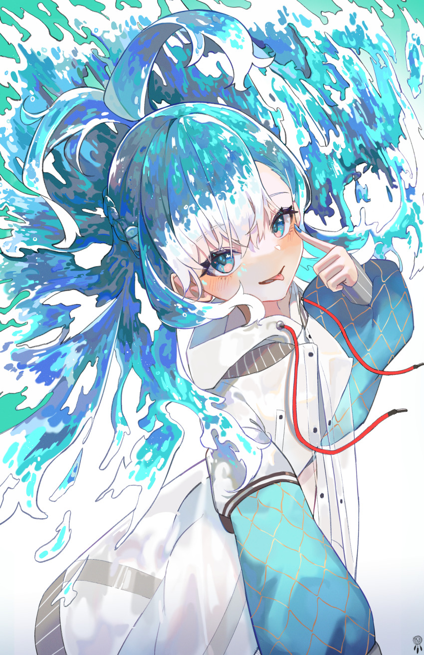 1girl absurdres akanbe blowing_raspberry blue_eyes blue_nails eyelid_pull gradient_background highres hololive hololive_indonesia hood kobo_kanaeru liquid_hair may.l nail_polish raincoat tongue tongue_out virtual_youtuber water