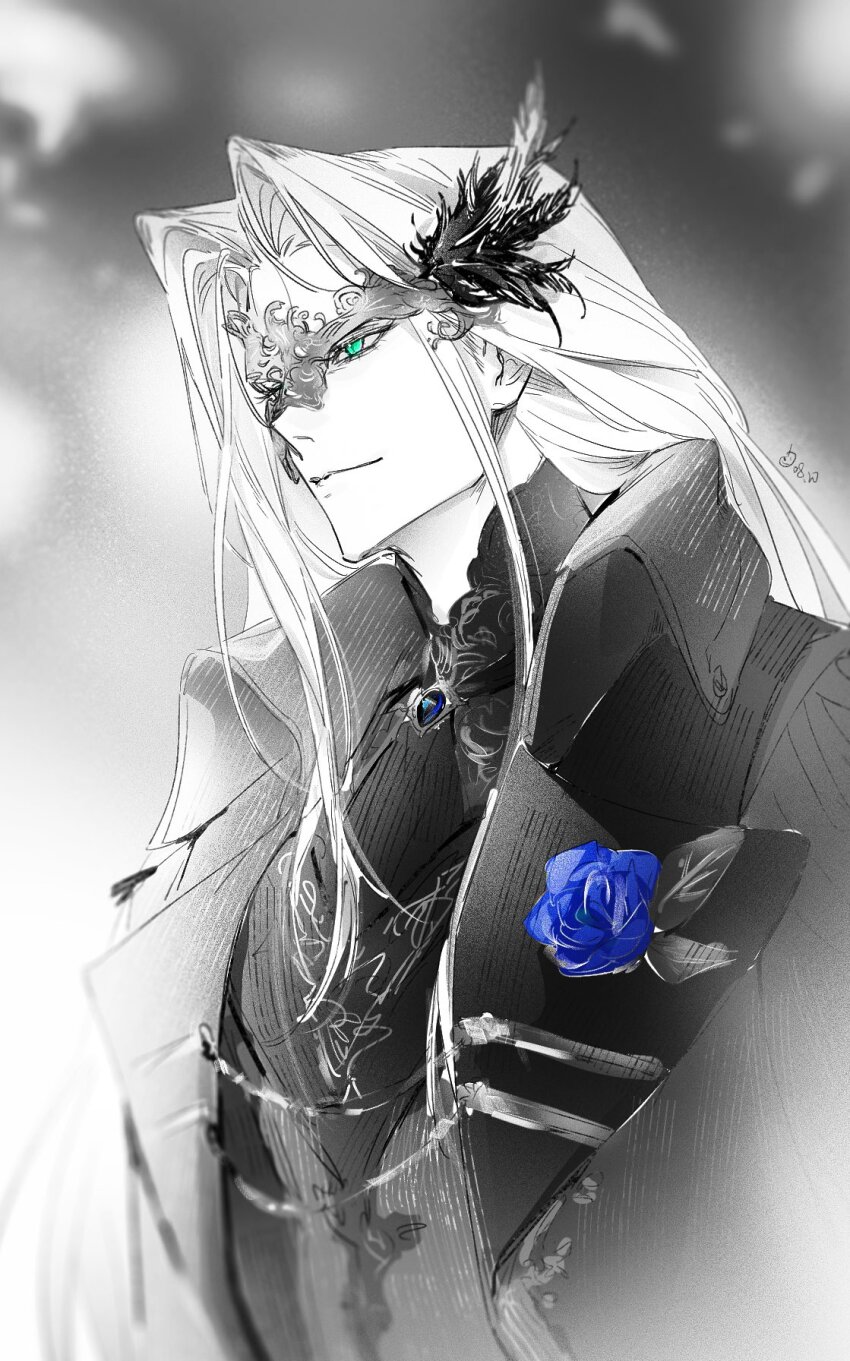 1boy aqua_eyes blue_flower blue_gemstone blue_rose corsage eye_mask final_fantasy final_fantasy_vii final_fantasy_vii_ever_crisis flower gem grey_jacket highres jacket lily_(shio1006) long_bangs long_hair male_focus official_alternate_costume parted_bangs portrait rose sephiroth sephiroth_(dark_attire) slit_pupils solo upper_body