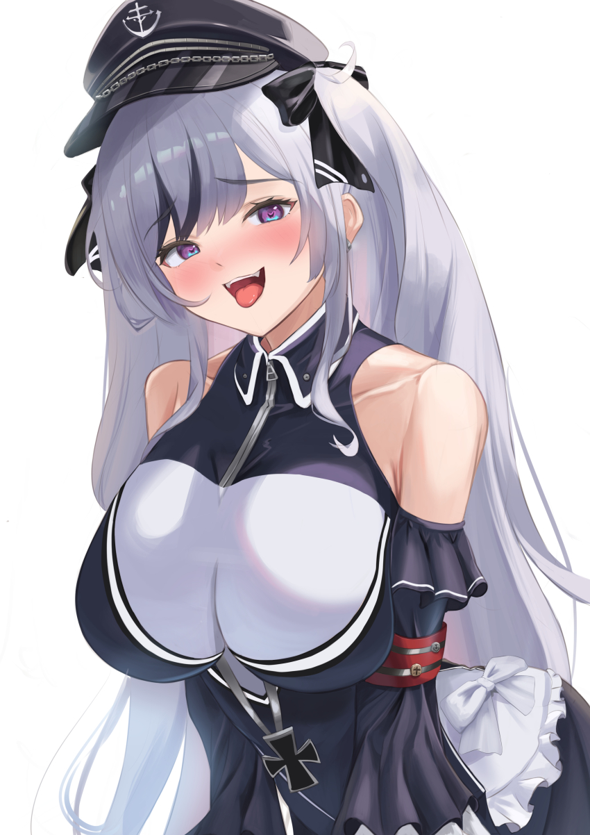 1girl absurdres azur_lane bare_shoulders beret black_dress black_hat blush breasts dress elbe_(azur_lane) frills hat highres large_breasts long_hair looking_at_viewer multicolored_hair open_mouth peaked_cap purple_eyes remapack77 solo streaked_hair tongue tongue_out upper_body very_long_hair white_hair