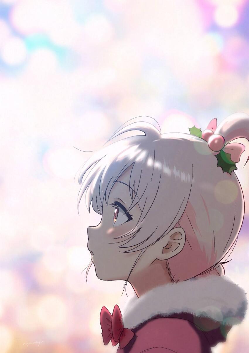 1girl ahoge awestruck backlighting blurry bokeh bow brown_eyes commentary depth_of_field eye_reflection from_side fur-trimmed_hood fur_trim grey_hair hair_bun hair_ornament highres hiyama_yuu_(wee259hiyama) holly_hair_ornament hood hood_down onii-chan_wa_oshimai! open_mouth oyama_mahiro portrait profile red_bow redrawn reflection short_hair solo sparkle