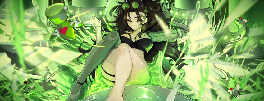 1girl alfyria blue_eyes breasts brown_hair cleavage earrings eyewear_on_head glasses green-tinted_eyewear grey_eyes heart heterochromia highres indie_virtual_youtuber jewelry lloydsfault long_hair mechanical_arms mechanical_legs mouse_(animal) round_eyewear second-party_source single_mechanical_arm single_mechanical_leg smile stitched_face stitched_leg stitched_torso stitches thigh_strap tinted_eyewear virtual_youtuber voodoo_doll