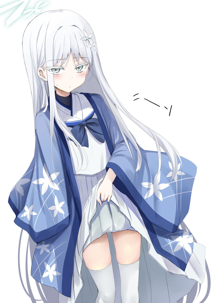 1girl blue_archive blue_kimono blush bow bowtie breasts clothes_lift flower grey_eyes hair_flower hair_ornament halo highres japanese_clothes kimono kimono_on_shoulders long_hair long_skirt looking_at_viewer nagusa_(blue_archive) parted_bangs pleated_skirt sailor_collar sen_(astronomy) shirt sidelocks skirt small_breasts solo thighhighs thighs translation_request very_long_hair white_hair white_sailor_collar white_shirt white_skirt white_thighhighs wide_sleeves