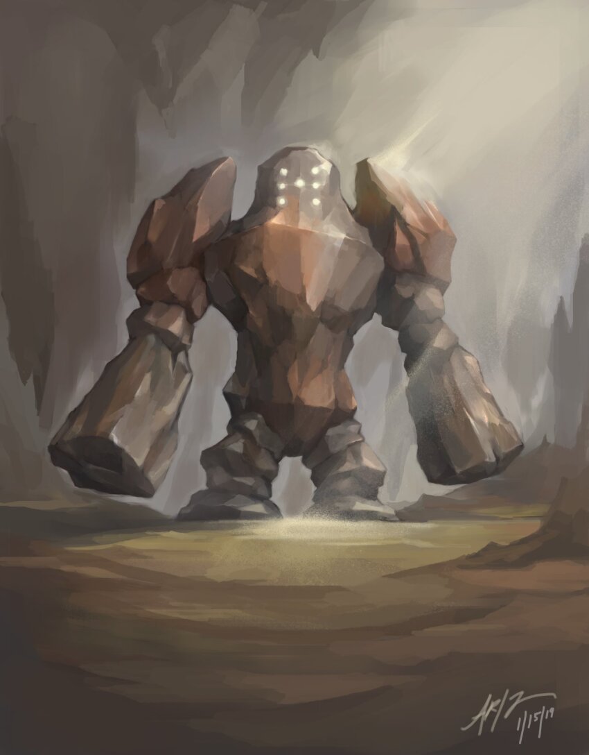arizdigitalart cave game_freak gen_3_pokemon highres legendary_pokemon nintendo no_humans pokemon pokemon_(creature) pokemon_focus regirock signature solo