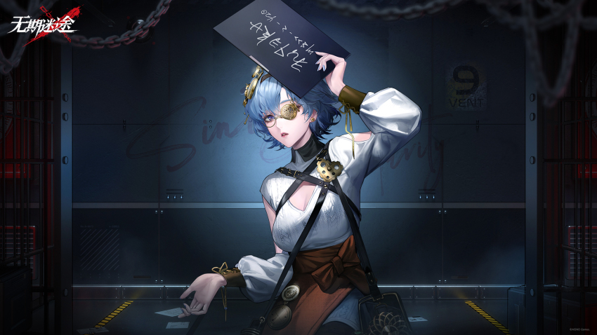 1girl against_wall arm_up bag bare_shoulders black_bag blue_hair blue_nails breasts chain character_name cleavage cleavage_cutout clothing_cutout copyright_name earrings eureka_(path_to_nowhere) eyepatch hair_ornament hand_up high-waist_skirt highres holding holding_sign indoors jewelry logo long_sleeves medium_breasts mugshot official_art official_wallpaper orange_skirt parted_lips path_to_nowhere pink_lips prison_cell puffy_long_sleeves puffy_sleeves ribbed_sweater round_eyewear short_hair shoulder_bag shoulder_cutout side_slit sign skirt solo sweater upper_body white_sweater