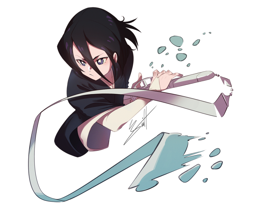 1girl black_hair black_kimono bleach cheesecakes_by_lynx closed_mouth commentary cropped_torso english_commentary hair_between_eyes holding holding_sheath holding_sword holding_weapon japanese_clothes kimono kuchiki_rukia long_bangs purple_eyes ribbon sheath short_hair sode_no_shirayuki_(shikai) solo sword upper_body weapon white_background white_ribbon wide_sleeves