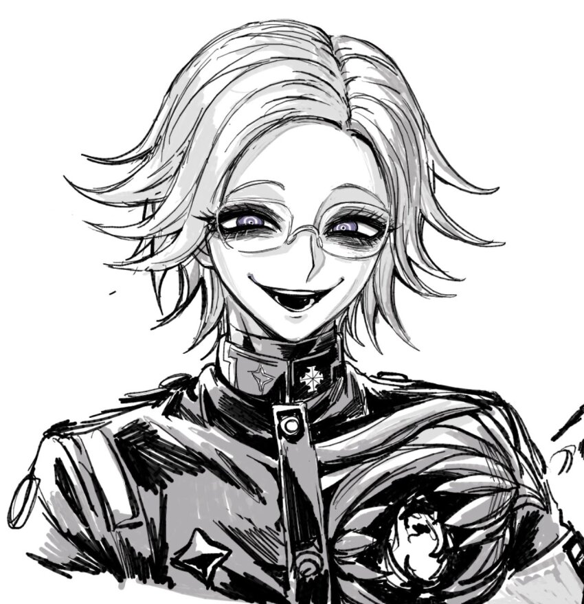 1boy aotsuki_eito armband chamuchai evil_grin evil_smile gakuran glasses greyscale greyscale_with_colored_eyes grin highres hole_in_chest hole_on_body last_defense_academy_school_uniform looking_at_viewer male_focus monochrome narrowed_eyes portrait school_uniform short_hair simple_background smile solo spoilers spot_color the_hundred_line_-last_defense_academy-