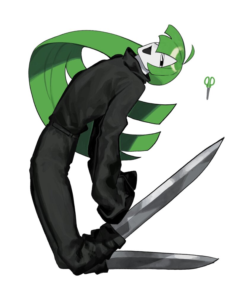 1boy absurdres ahoge black_eyes black_pants black_shirt blunt_bangs blunt_ends ch1npo_nya colored_skin floating_hair full_body green_hair hair_over_one_eye highres leg_blade long_hair long_sleeves looking_at_viewer mario_(series) nintendo object_and_personification open_mouth pants paper_mario paper_mario:_the_origami_king scissors scissors_(paper_mario) scorpion_pose shirt simple_background sleeves_past_wrists smile solo straight_hair turtleneck turtleneck_shirt very_long_hair white_background white_skin