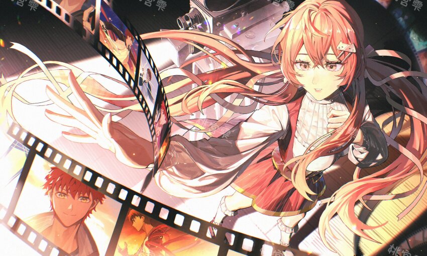 1boy 1girl artist_self-insert black_background black_jacket black_theme blush bow breasts camcorder camera command_spell commissioner_insert couple cross cross_print dark dark_background dating emiya_shirou fate/stay_night fate_(series) field_of_blades formal_clothes glowing glowing_eyes grey_suit hair_ornament halo headpiece heaven&#039;s_feel highres horror_(theme) jacket kanshou_&amp;_bakuya_(fate) long_hair long_sleeves looking_at_another magic_circuit memories momomiya_shizuku_(gaoyue_jixiang) movie_theater oc_x_canon open_clothes open_jacket open_mouth orange_hair original pastels photo_(object) pink_eyes pink_hair pink_halo print_ribbon raglan_sleeves recording red_hair ribbon scenery seasons shirt skirt smile solo suit theater ticket twintails unlimited_blade_works_(reality_marble) video_camera white_jacket