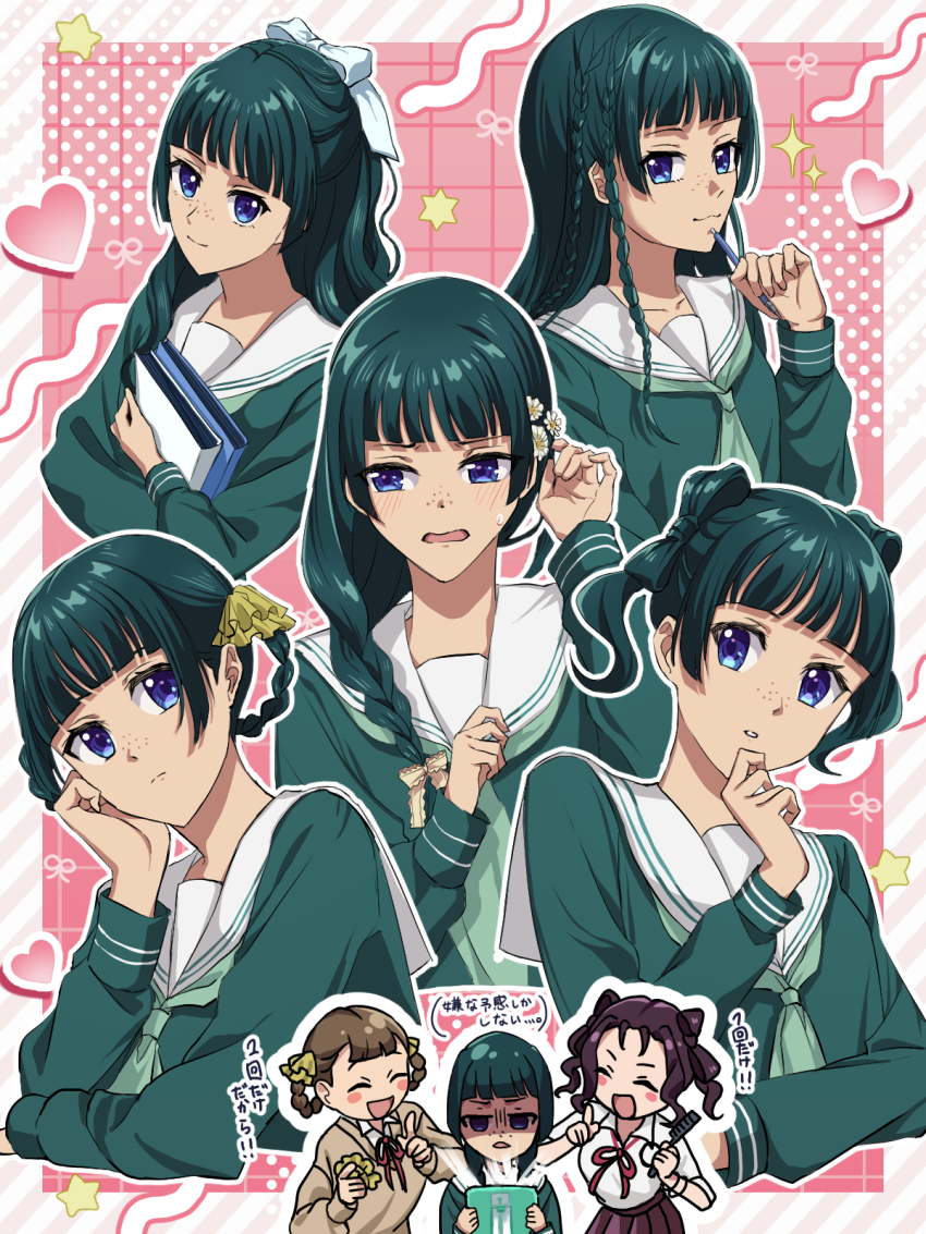 3girls :o alternate_costume blue_eyes blunt_bangs blush_stickers book bow braid brown_sweater chibi closed_eyes comb contemporary flower freckles green_neckerchief hair_bow hair_flower hair_ornament hair_rings hand_up heart highres holding holding_book index_finger_raised kusuriya_no_hitorigoto maomao_(kusuriya_no_hitorigoto) multiple_girls multiple_views neckerchief pink_background school_uniform serafuku shiranomaru shirt shisui_(kusuriya_no_hitorigoto) skirt smile star_(symbol) sweater white_bow white_shirt xiaolan_(kusuriya_no_hitorigoto)