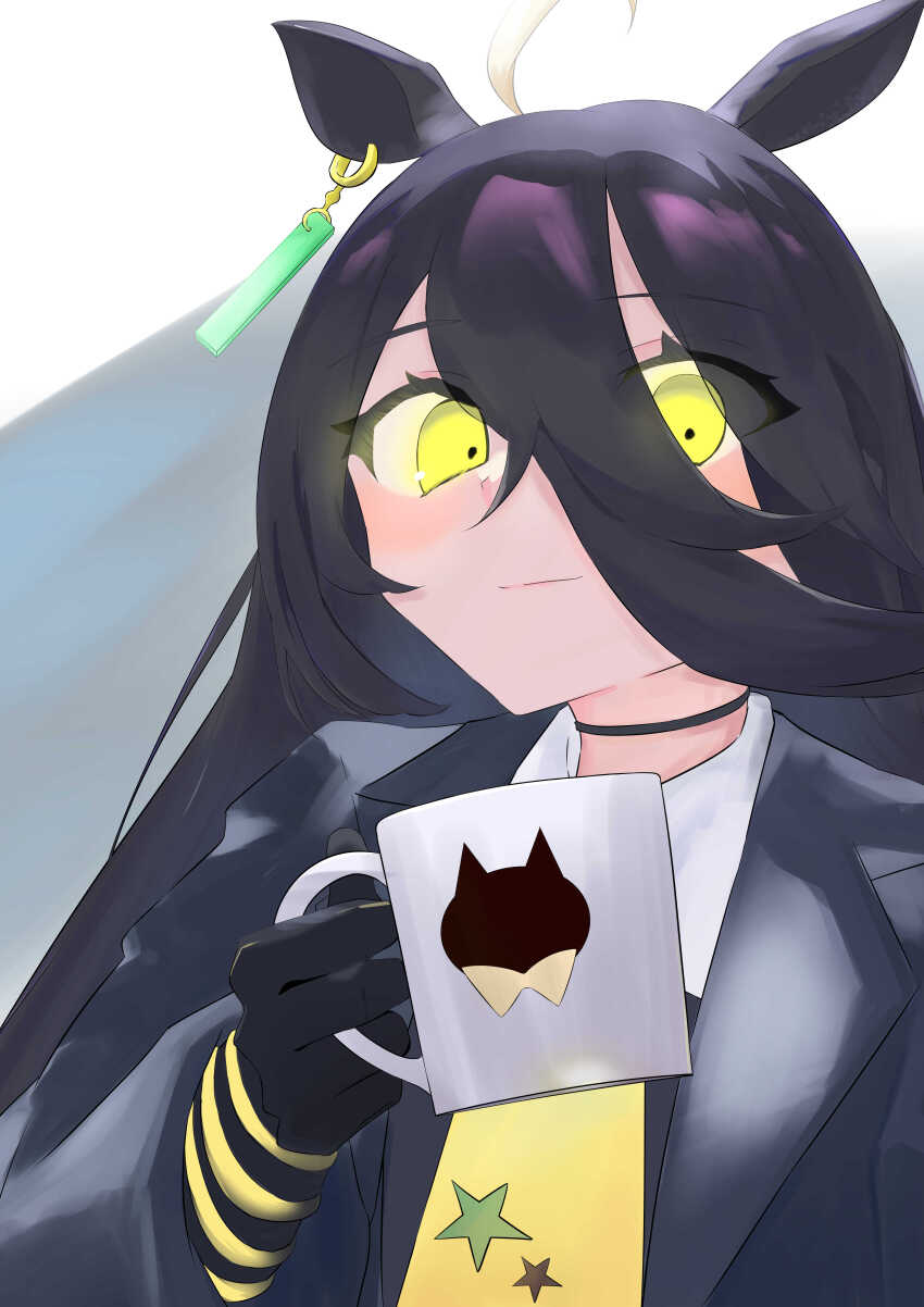 1girl absurdres animal_ears animal_print black_choker black_coat black_gloves black_hair black_shirt cat_print choker closed_mouth coat collared_shirt cotton_candy cup ear_tag earrings food gloves hair_between_eyes hand_up highres holding holding_cotton_candy holding_cup holding_food horse_ears horse_girl jewelry light_smile long_bangs long_hair long_hair_between_eyes long_sleeves looking_at_viewer manhattan_cafe_(umamusume) mug multicolored_hair necktie remonmichi9 shirt single_earring solo umamusume very_long_hair white_hair yellow_necktie
