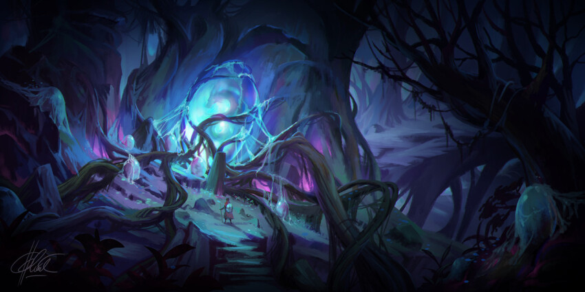 1boy branch chinnkun coat dark dragon eastern_dragon egg facing_away fantasy forest from_behind glowing landscape nature original painterly red_coat signature tree