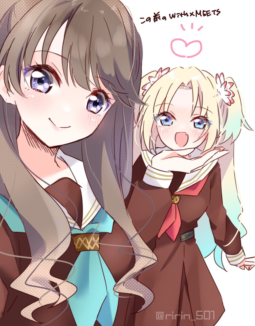 2girls :d absurdres aqua_neckerchief blonde_hair blue_eyes blue_hair blush brown_dress brown_hair chin_on_palm_challenge closed_mouth commentary_request cowboy_shot dress fang flower forced_perspective fujishima_megumi gradient_hair hair_flower hair_ornament hand_up hasu_no_sora_school_uniform heart highres link!_like!_love_live! long_hair long_sleeves looking_at_viewer love_live! medium_dress mira-cra_park! multicolored_hair multiple_girls neckerchief open_mouth osawa_rurino parted_bangs pink_flower pleated_dress purple_eyes red_neckerchief ririn_(ririn_501) sailor_collar sailor_dress school_uniform selfie simple_background smile split_mouth translation_request twintails twitter_username two_side_up virtual_youtuber white_background white_sailor_collar winter_uniform