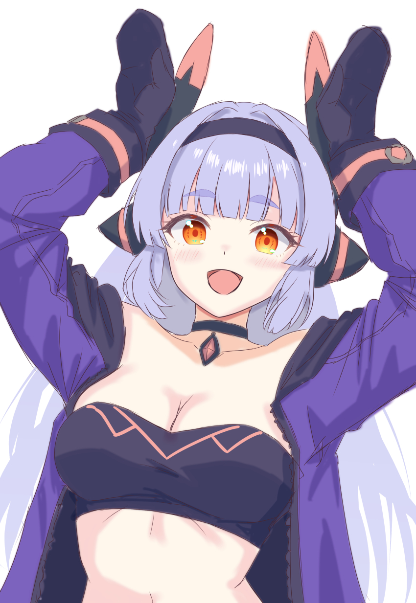 1girl absurdres arms_up bandeau black_bandeau black_choker black_mittens blunt_bangs breasts challenger_dominiel choker cleavage commentary_request epic_seven headgear highres jacket konjou long_hair long_sleeves looking_at_viewer medium_breasts midriff mittens mixed-language_commentary navel open_clothes open_jacket open_mouth orange_eyes purple_hair purple_jacket rabbit_pose simple_background smile solo strapless tube_top upper_body white_background