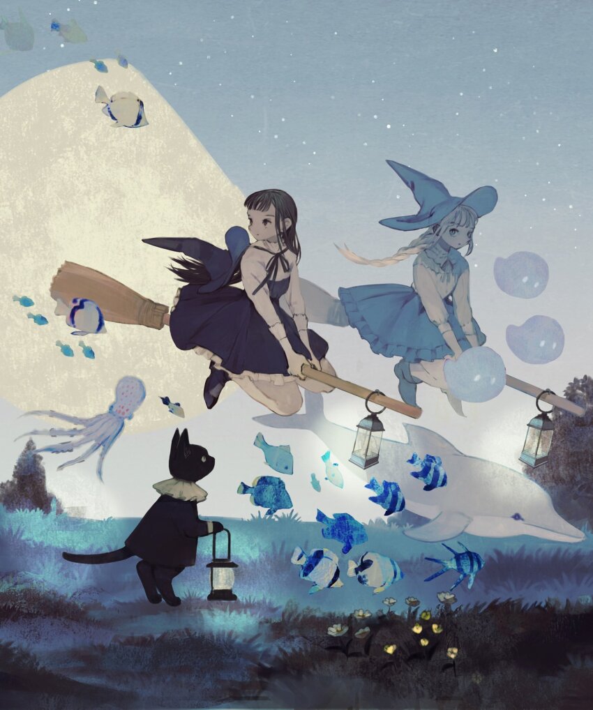 2girls animal black_cat black_dress black_footwear black_ribbon blue_dress blue_footwear blue_hat blue_skirt blue_sky blunt_bangs boots braid broom broom_riding brown_eyes brown_hair bush buttons cat circle_skirt closed_mouth clothed_animal collar collared_shirt dress expressionless eyelashes fish flower flying_fish frilled_dress frilled_shirt_collar frilled_skirt frilled_sleeves frills full_body ghost gibbous_moon gradient_sky grass hat hat_on_back high_collar highres holding holding_lantern lantern long_hair long_sleeves miniskirt moon multiple_girls neck_ribbon night night_sky octopus original outdoors pleated_skirt ribbon shirt shoes short_dress single_braid skirt sky star_(sky) starry_sky straight_hair strapless strapless_dress tono_(rt0no) too_many too_many_fish very_long_hair white_collar white_hair white_ribbon white_shirt witch witch_hat yellow_flower