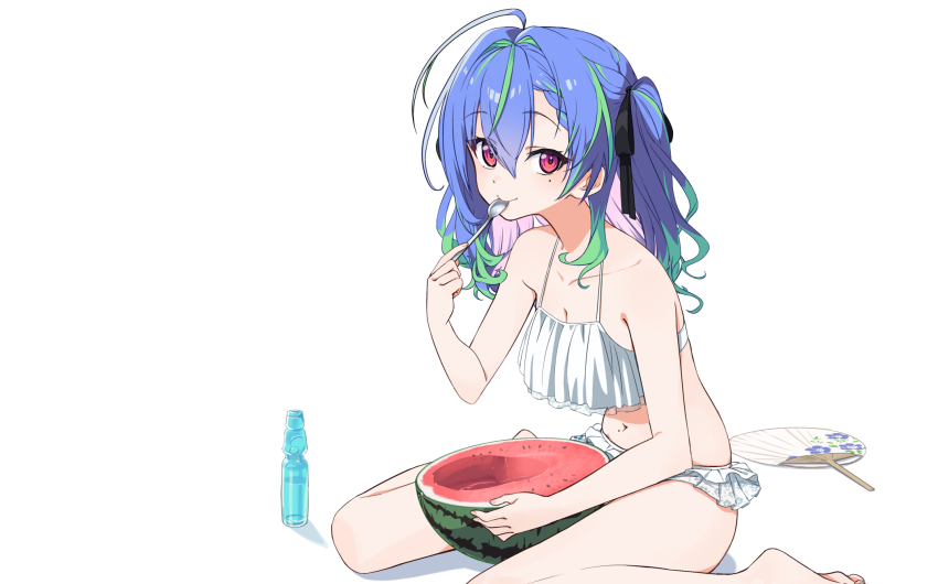 1girl ahoge alternate_costume bikini black_bow blue_hair bow breasts cleavage closed_mouth commentary_request eating food frilled_bikini frills fruit full_body green_hair hair_bow hair_intakes hand_fan highres holding holding_spoon looking_at_viewer medium_breasts mole mole_on_stomach mole_under_eye multicolored_hair nanashi_inc. navel ougimaneki pink_eyes pink_hair ramune simple_background sitting smile solo spoon suzumi_nemo swimsuit two_side_up virtual_youtuber wariza watermelon white_bikini