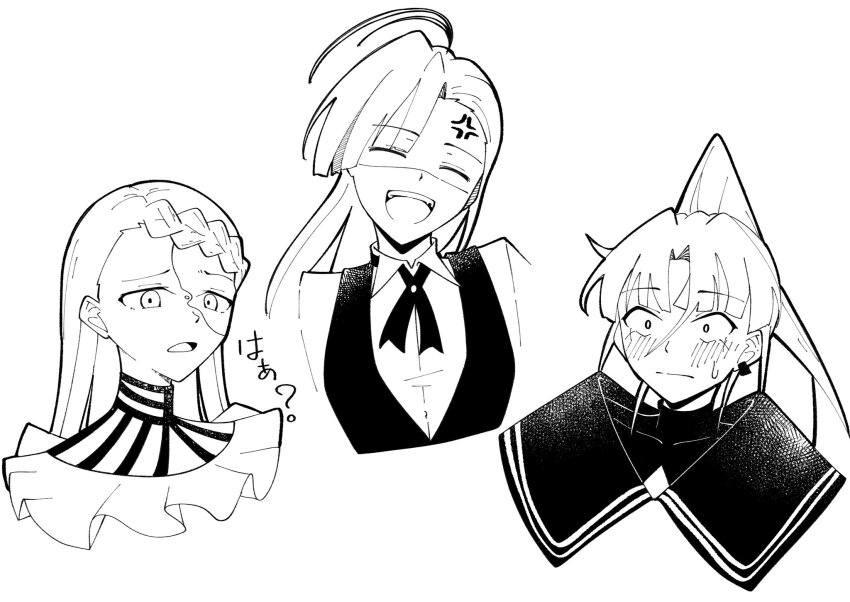 3girls ado_(utaite) ahoge anger_vein blush braid braided_bangs closed_eyes commentary_request cropped_torso dress_shirt gira-gira-chan_(ado) gira_gira greyscale highres long_hair merry_(ado) monochrome multiple_girls naima_(ado) neck_ribbon nori_(norinori_yrl) open_mouth ponytail readymade_(ado) ribbon shirt simple_background sweatdrop upper_body usseewa vest white_background