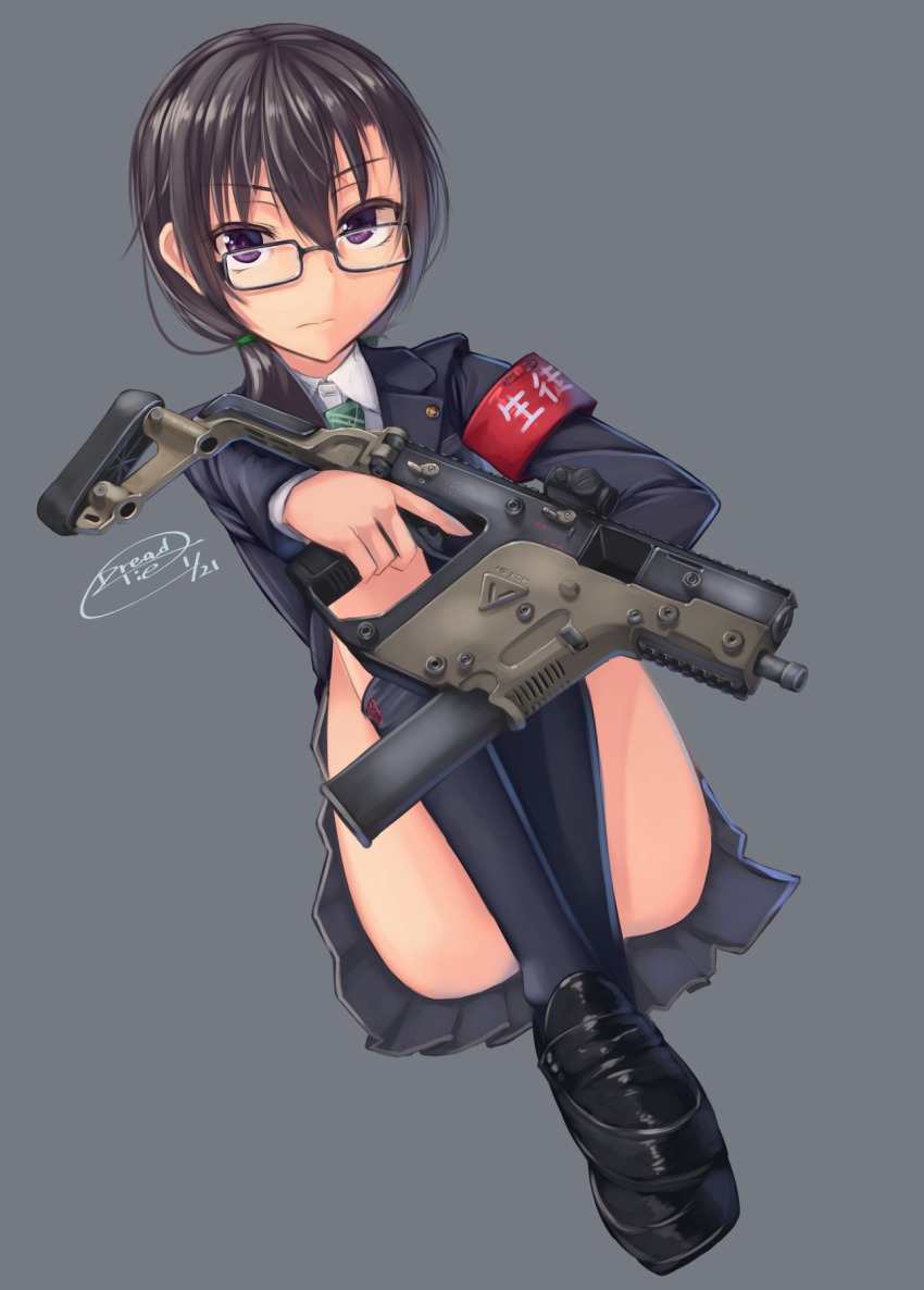 1girl bad_id bad_pixiv_id black_hair dreadtie female_focus glasses gun highres kriss_vector original purple_eyes short_hair simple_background solo submachine_gun tdi_vector trigger_discipline uniform weapon