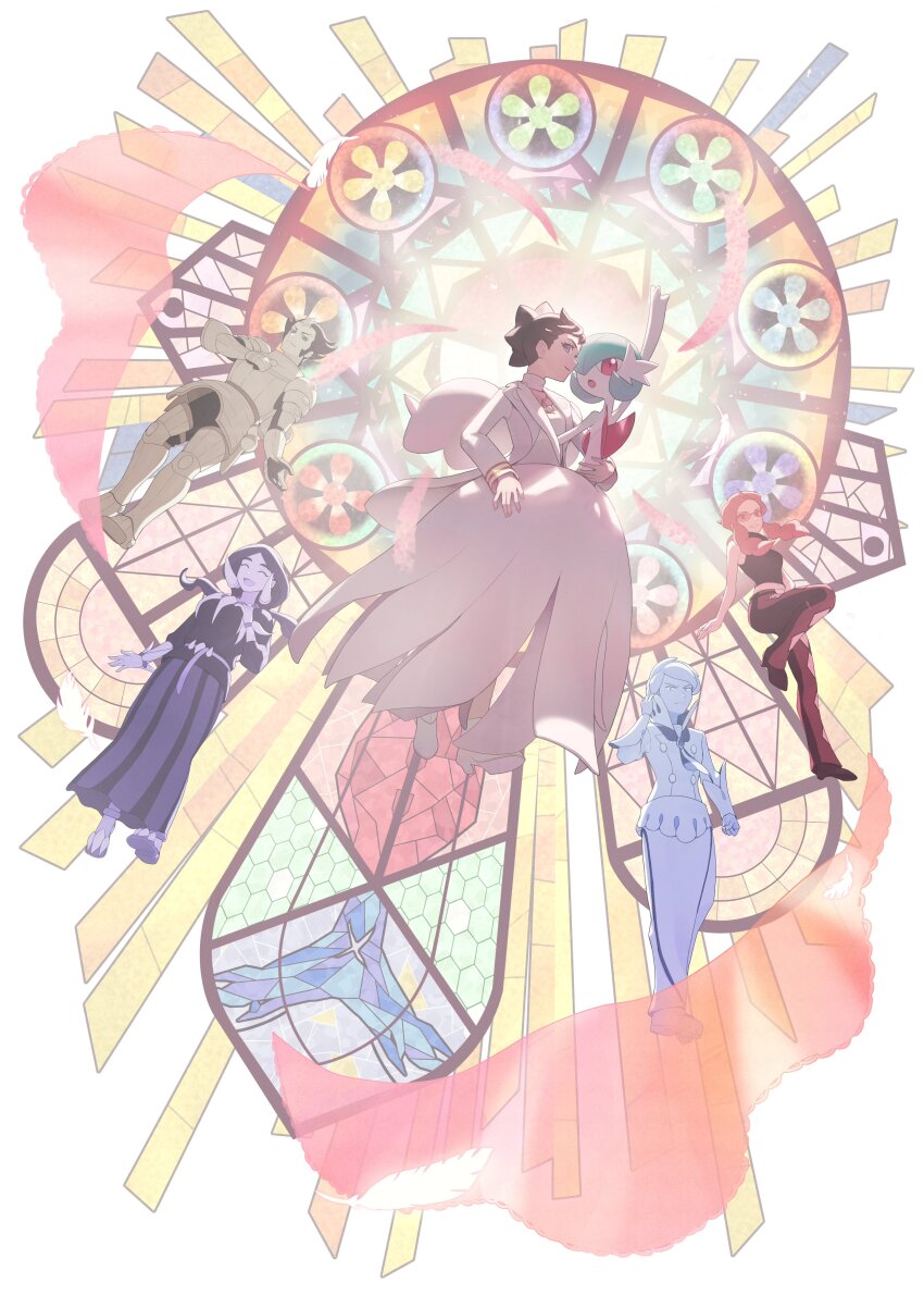 2boys 3girls absurdres apron armor armored_boots black_footwear black_shirt blue_eyes blue_neckerchief boots breastplate brown_hair diantha_(pokemon) drasna_(pokemon) dress full_armor full_body gardevoir gauntlets gen_3_pokemon highres jacket jewelry leg_armor long_hair looking_at_viewer malva_(pokemon) multicolored_background multiple_boys multiple_girls neckerchief necklace nintendo odd_(hin_yari) pants pauldrons pink_hair pokemon pokemon_(creature) pokemon_xy red_eyes red_pants shirt shoulder_armor siebold_(pokemon) stained_glass tinted_eyewear tooth_necklace white_apron white_dress white_jacket wikstrom_(pokemon)