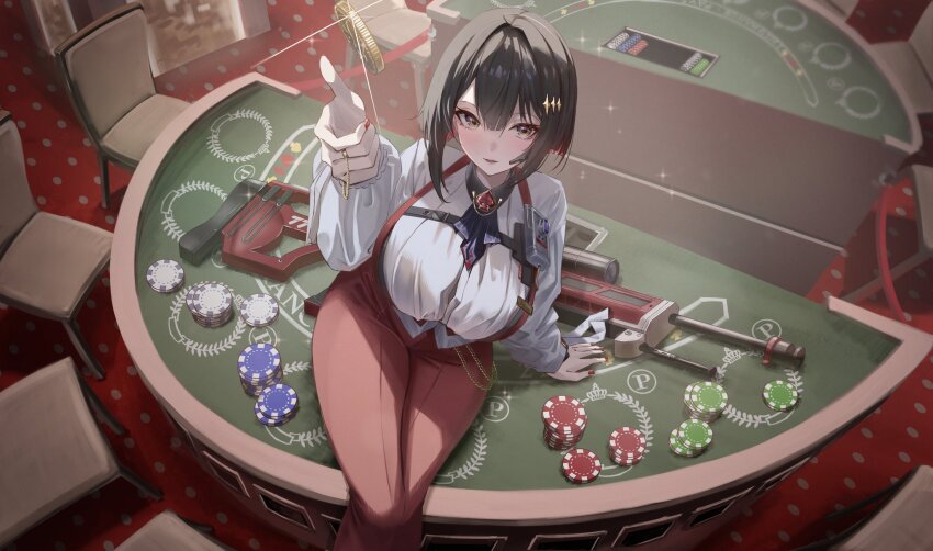 1girl ascot black_ascot black_hair blush breasts casino chair coin colored_inner_hair goddess_of_victory:_nikke highres large_breasts long_sleeves looking_at_viewer multicolored_hair on_table open_mouth pants poker_chip red_hair red_pants rouge_(nikke) shirt short_hair sitting sitting_on_table solo sparkle_hair_ornament table wano117_wa white_shirt yellow_eyes