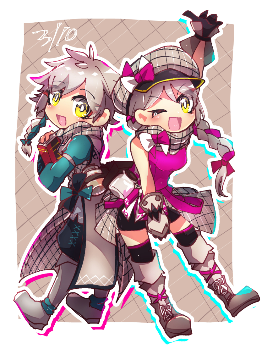 1boy 1girl blonde_hair book braid brother_and_sister brown_scarf clanne_(fire_emblem) eyeliner fire_emblem fire_emblem_engage framme_(fire_emblem) green_hair hat highres holding holding_book long_hair looking_at_viewer makeup multicolored_hair nintendo open_mouth pink_eyeliner pink_hair plaid_clothes plaid_hat plaid_scarf scarf siblings single_braid smile split-color_hair twins two-tone_hair yellow_eyes zisyaku1231