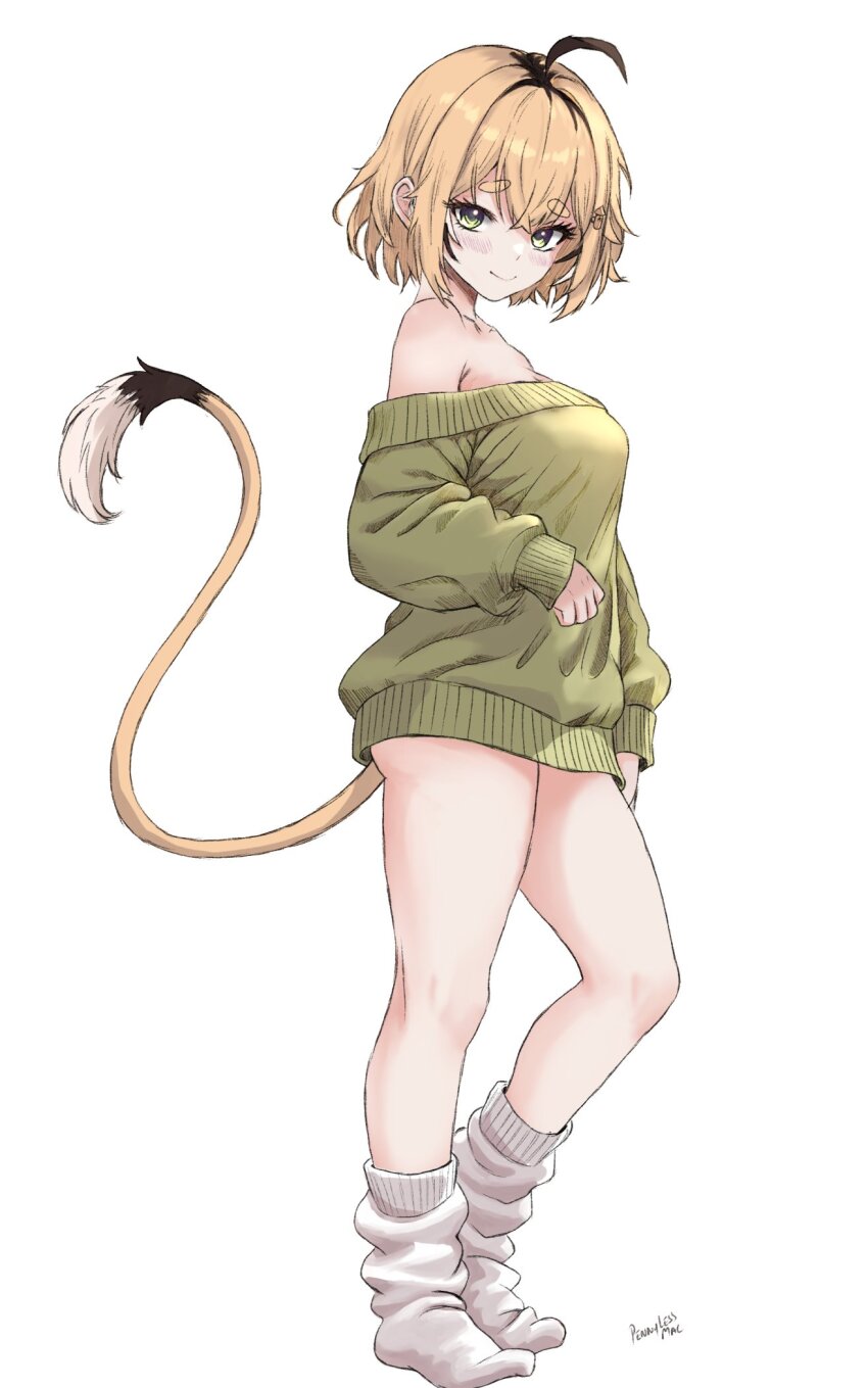 1girl ahoge black_hair blonde_hair blush breasts commentary dooby_(vtuber) english_commentary green_eyes green_sweater highres indie_virtual_youtuber jerboa_tail looking_at_viewer loose_socks multicolored_hair naked_sweater off-shoulder_sweater off_shoulder pennylessmac ribbed_sweater short_hair simple_background smile socks solo sweater tail virtual_youtuber white_socks