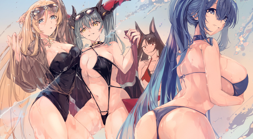 4girls akagi_(azur_lane) akagi_(paradise_amaryllis)_(azur_lane) animal_ears ass ass_focus azur_lane back bare_shoulders bikini bismarck_(azur_lane) bismarck_zwei_(azur_lane) bismarck_zwei_(crystal-clear_holiday)_(azur_lane) blonde_hair blue_eyes blue_hair breasts brown_hair casual_one-piece_swimsuit dragon_horns fox_ears from_behind gradient_sky highres holding horns huge_ass large_breasts long_hair looking_at_viewer multiple_girls nail_polish new_jersey_(azur_lane) new_jersey_(midsummer_leisure)_(azur_lane) official_alternate_costume one-piece_swimsuit red_eyes red_nails regensburg_(azur_lane) regensburg_(dark_dragon_brilliant_beach)_(azur_lane) shika_(shika0) sky slingshot_swimsuit smile spikes splashing sunglasses swimsuit yellow_eyes