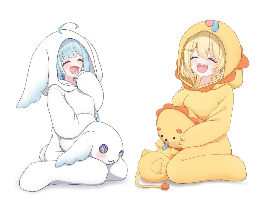 2girls ahoge alternate_costume amaui animal_costume blonde_hair blush breasts closed_eyes commentary_request cuore_0624 flat_chest full_body hair_through_hood highres hinata_mashu hood hood_up large_breasts laughing lion_costume long_hair medium_hair multiple_girls nanashi_inc. onesie open_mouth rabbit_costume seiza simple_background sitting smile stuffed_animal stuffed_lion stuffed_rabbit stuffed_toy virtual_youtuber white_background