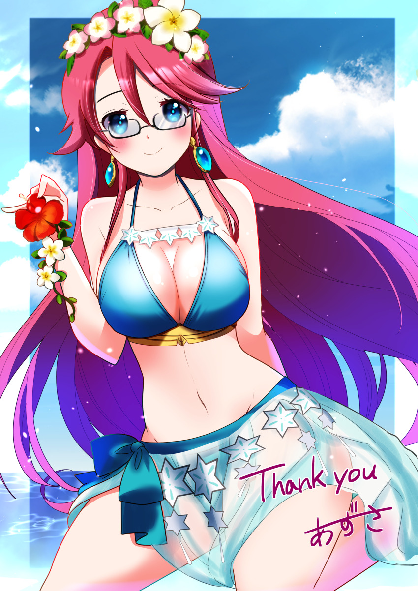 1girl absurdres aty_(summon_night) azusa_(azchemist63) bikini bikini_ribbon blue_sky blush breasts cleavage cloud collarbone commission earrings flower glasses gunnthra_(fire_emblem) gunnthra_(summer)_(fire_emblem) hair_flower hair_ornament highres jewelry pink_hair sky solo star_(symbol) summon_night summon_night_3 swimsuit