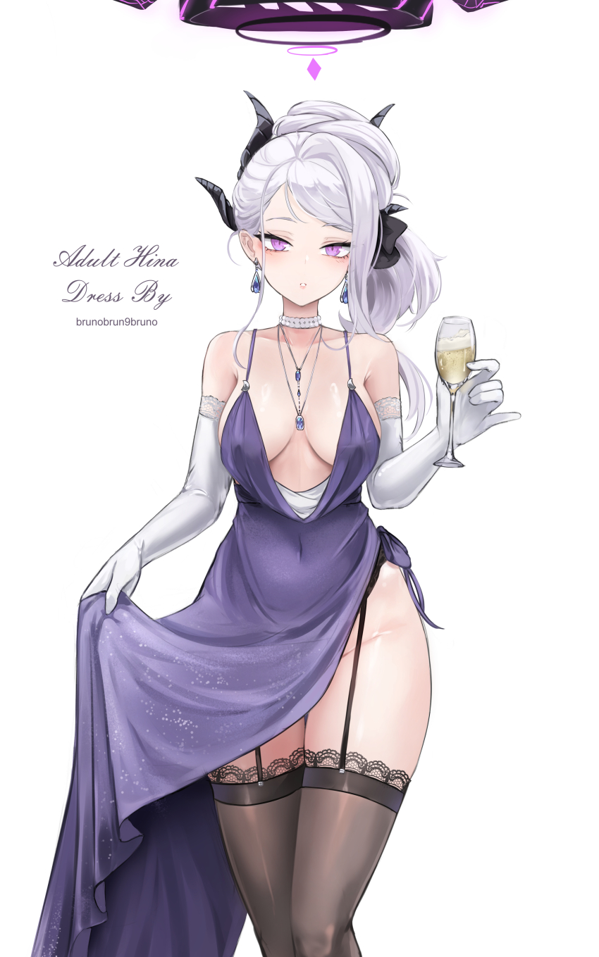 1girl absurdres aged_up alternate_breast_size artist_name bare_shoulders black_halo black_horns black_thighhighs blue_archive blue_gemstone breasts breasts_apart brunobrun9bruno clothes_lift collarbone commentary cup dress dress_lift drinking_glass earrings elbow_gloves english_text garter_straps gem gloves halo highres hina_(blue_archive) hina_(dress)_(blue_archive) holding holding_cup horns jewelry long_hair looking_at_viewer medium_breasts official_alternate_costume parted_lips pearl_choker pendant plunging_neckline purple_dress purple_eyes solo thighhighs white_background white_gloves white_hair wine_glass