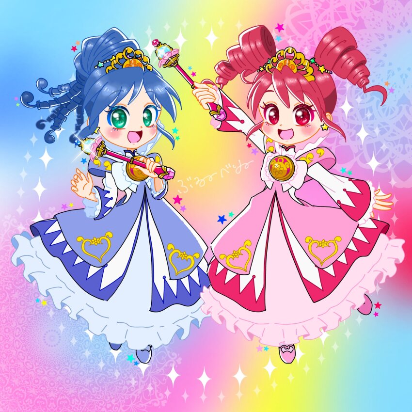 2girls :d arm_up artist_name blue_dress blue_hair blue_shoes blueberry_24k blush bow colorful_background commentary crest diffraction_spikes dress dress_bow drill_hair earrings fine_(futagohime) fine_(prominence_dress_up)_(futagohime) four-pointed_star frilled_dress frilled_sleeves frills full_body fushigiboshi_no_futago_hime gold_tiara gown green_eyes hair_ornament heart heart_print high_collar highres holding holding_wand jewelry lace_background leg_up long_hair long_sleeves looking_at_viewer magical_girl mary_janes matching_outfits medallion multiple_girls open_mouth overskirt pink_dress pink_shoes rainbow_background red_eyes red_hair rein_(futagohime) rein_(prominence_dress_up)_(futagohime) ringlets shoes siblings signature sisters sleeves_past_wrists smile standing star_(symbol) star_earrings star_hair_ornament star_symbol_background sun_print supportasse tiara twin_drills twins two-tone_dress wand white_bow white_dress wide_sleeves