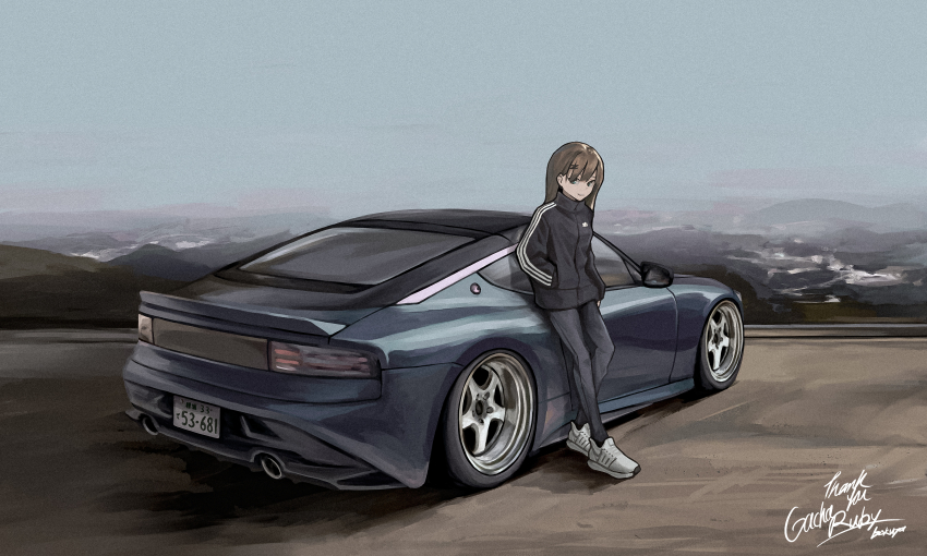 1girl absurdres adidas bad_id bad_pixiv_id black_jacket black_pants bokuya breasts car commission eyebrows_hidden_by_hair hair_behind_ear hand_in_pocket highres jacket leaning_forward license_plate medium_breasts motor_vehicle mountainous_horizon nissan nissan_fairlady nissan_fairlady_z nissan_z_(rz34) original pants shoes skeb_commission sneakers solo sports_car track_jacket vehicle_focus white_shoes