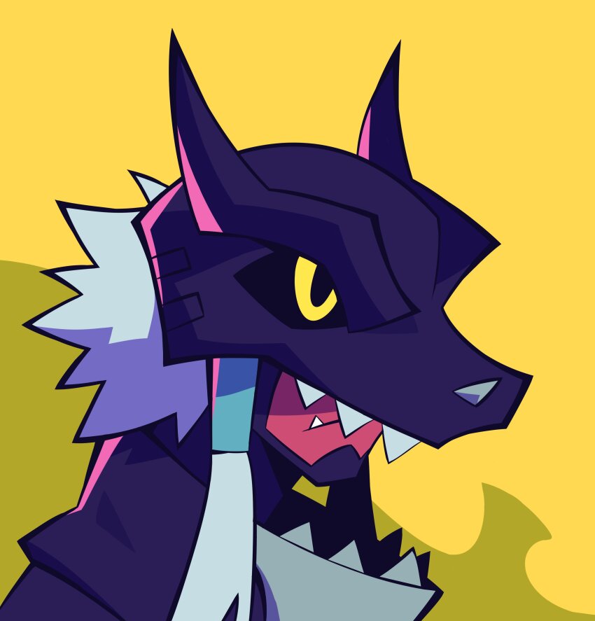 1boy absurdres cerberumon cerberumon_werewolf_mode digimon digimon_(creature) fang highres male_focus simple_background solo yellow_background yellow_eyes