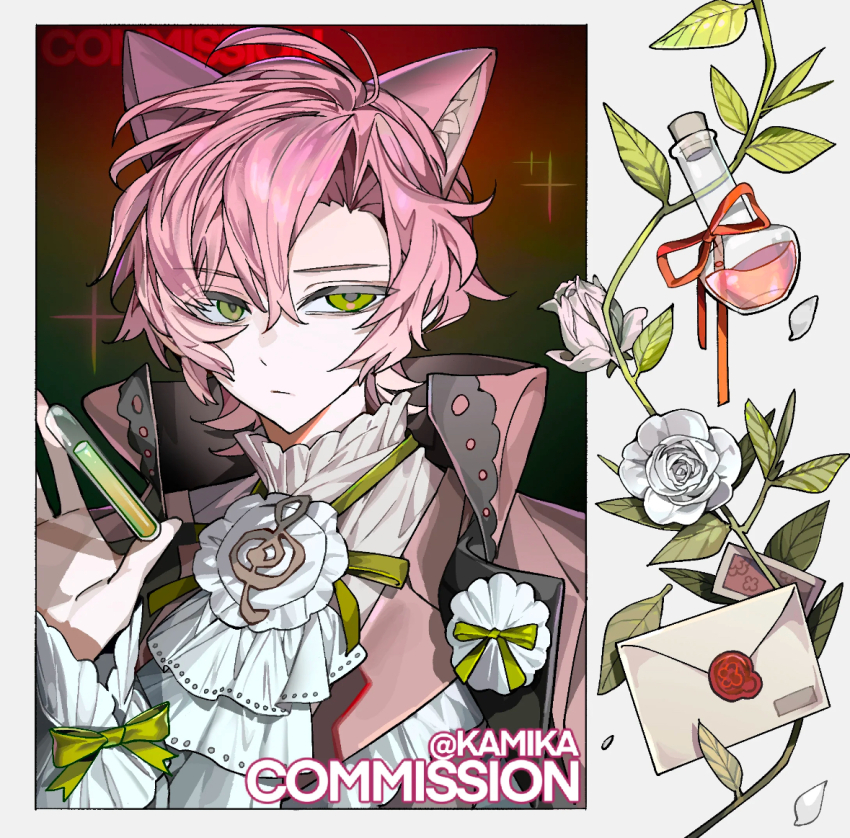 1boy ahoge animal_ears annoyed artbook ascot bored bow bowtie brooch cat_boy cat_ears commission flower frilled_cuffs frills gradient_background green_eyes green_ribbon hair_intakes high_collar holding holding_test_tube jacket jewelry kamika leaf letter lineart long_sleeves male_focus messy_hair multiple_views open_collar original parted_bangs pink_hair pink_jacket plant portrait potion red_background reference_sheet ribbon rose shirt short_hair simple_background sleeves_past_wrists slit_pupils solo sparkle split_crop test_tube tsurime upper_body vines wax_seal white_flower white_rose white_shirt
