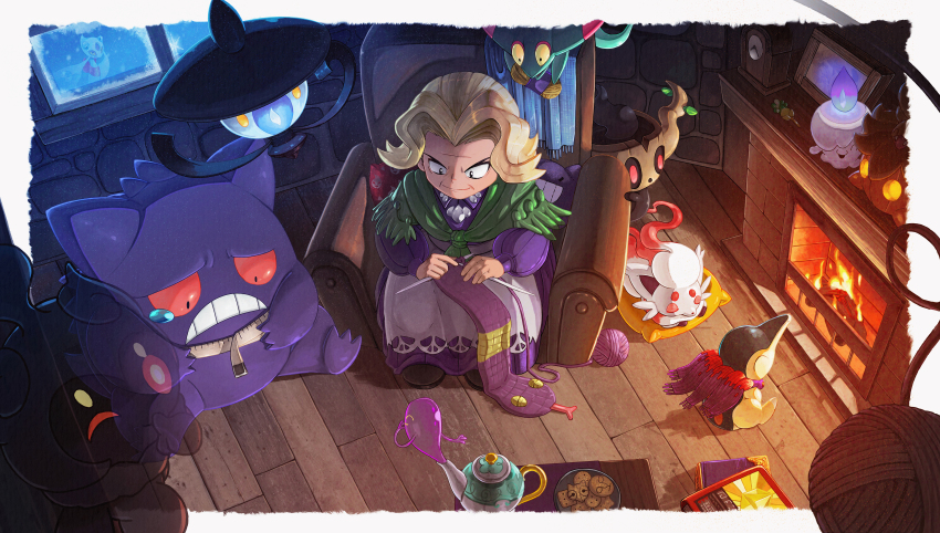 1girl absurdres agatha_(pokemon) apron armchair blonde_hair chair closed_mouth commentary_request cookie cyndaquil dreepy dress fei_xuan_de_ban_zhuan fire fireplace flipped_hair food froslass gem gen_1_pokemon gen_2_pokemon gen_4_pokemon gen_5_pokemon gen_6_pokemon gen_7_pokemon gen_8_pokemon gengar highres knitting knitting_needle lampent legendary_pokemon litwick marshadow mythical_pokemon needle nintendo pearl_(gemstone) phantump pokemon pokemon_(creature) pokemon_lgpe polteageist pumpkaboo purple_dress short_hair sitting smile waist_apron white_apron wooden_floor yarn yarn_ball