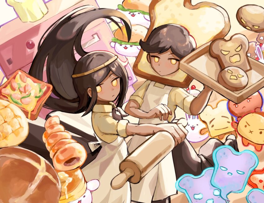 1boy 1girl biscuit_(omori) bread brown_hair bun_bunny_(omori) chocolate_cornet closed_mouth dark-skinned_female dark-skinned_male dark_skin doughie_(omori) expressionless food gingerdead_man_(omori) holding holding_rolling_pin holding_tray living_bread_(omori) long_hair looking_at_viewer milkshake_bunny_(omori) omori pancake_bunny_(omori) ro/ku rolling_pin sesame_(omori) short_hair short_sleeves slice_(omori) sourdough_(omori) toast_ghost_(omori) tray yellow_eyes