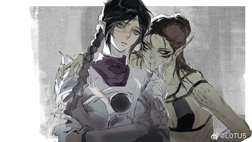2girls absurdres aqua_eyes armor baldur&#039;s_gate baldur&#039;s_gate_3 black_bra black_hair border bra braid braided_ponytail brown_hair chinese_commentary circlet collarbone colored_skin commentary_request crossed_arms dungeons_&amp;_dragons facial_mark gith_(dungeons_&amp;_dragons) green_skin grey_background hair_bun hand_on_another&#039;s_shoulder highres jiao_chang lae&#039;zel long_hair looking_at_viewer multiple_braids multiple_girls outside_border parted_lips pauldrons pointy_ears scar scar_on_face scar_on_nose shadowheart_(baldur&#039;s_gate) shoulder_armor side_braids single_braid single_hair_bun slit_pupils underwear upper_body watermark weibo_watermark white_border yellow_eyes