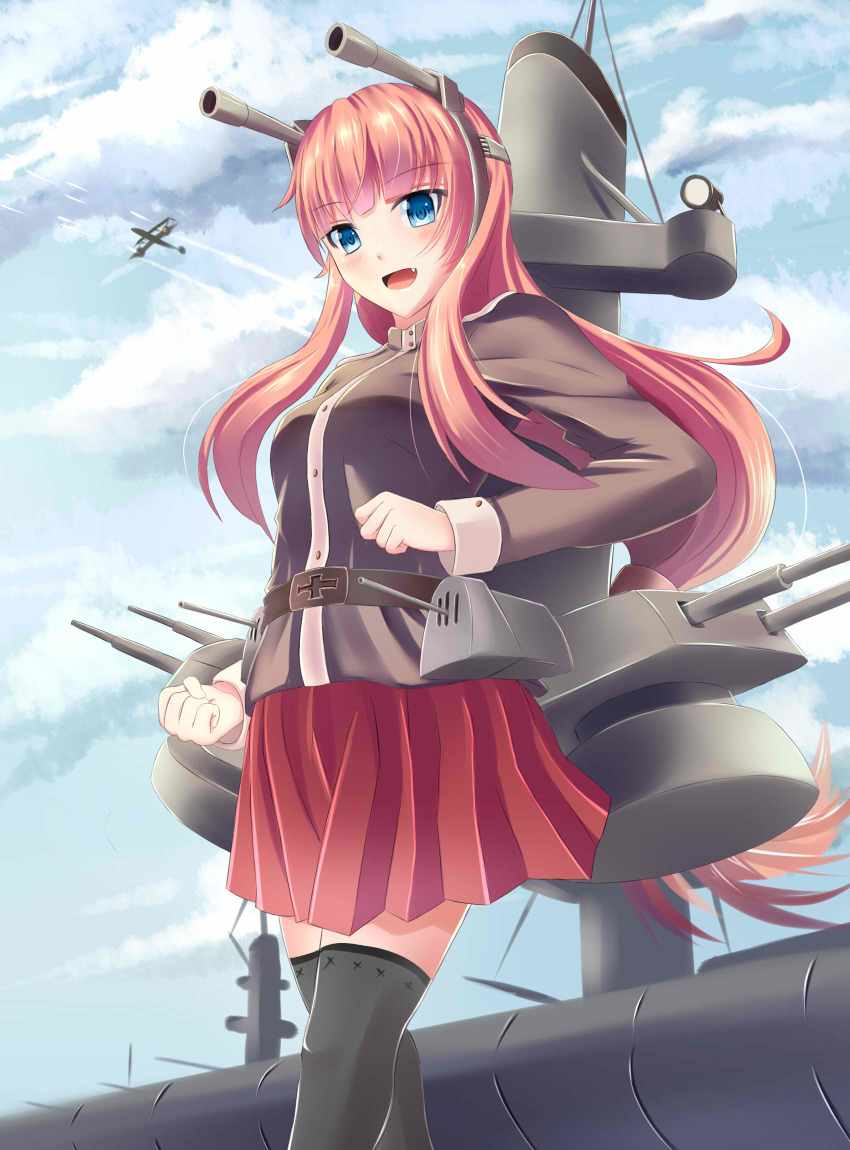 1girl :d aircraft airplane bad_id bad_pixiv_id battleship black_shirt black_thighhighs blue_eyes blunt_bangs blush cloud cloudy_sky day fang female_focus headgear highres long_hair long_sleeves looking_at_viewer military military_uniform military_vehicle open_mouth original personification pink_hair pleated_skirt red_skirt ship ship_turret shirt sidelocks skirt sky smile smokestack solo standing thighhighs ucukrtz very_long_hair warship watercraft