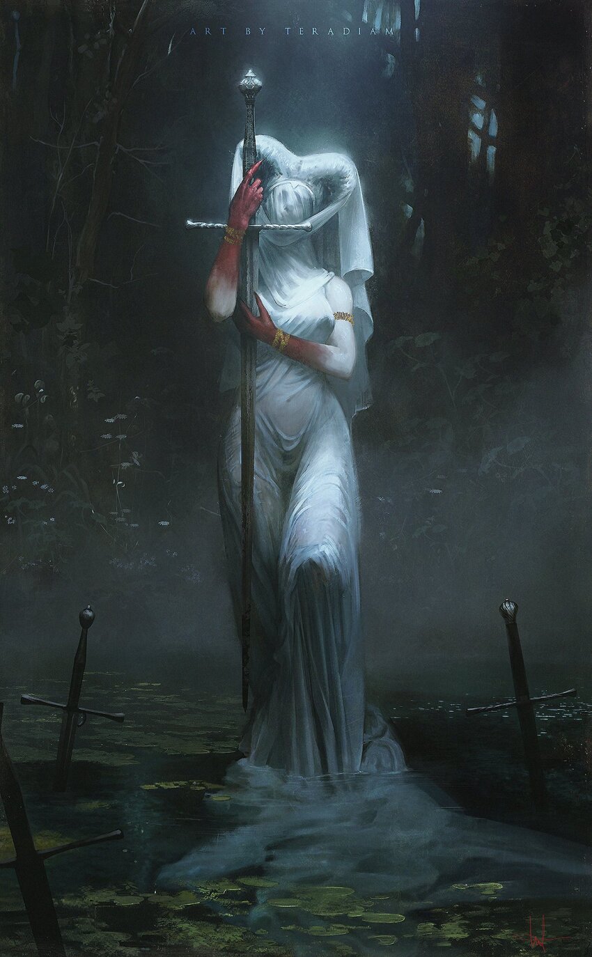 1girl armlet arthurian_legend blood blood_on_hands breasts breath covered_navel dress hair_ornament highres holding jewelry king_arthur_(mythology) lady_of_the_lake solo sword tagme teradiam veil weapon wetland white_dress white_veil