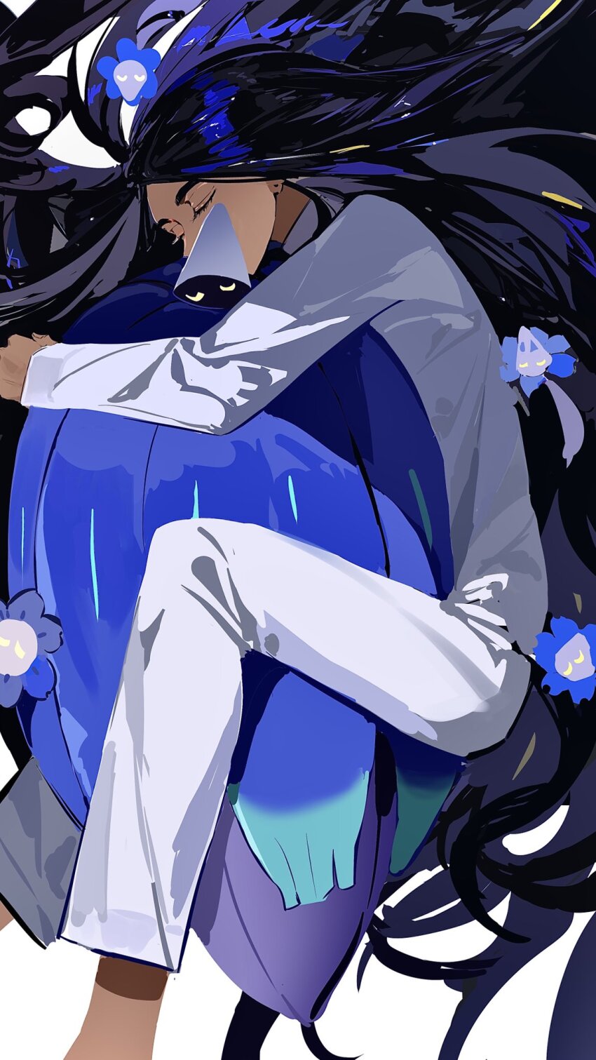 1girl alternate_costume black_hair closed_eyes dark-skinned_female dark_skin from_above game_freak geeta_(pokemon) geetasdog glimmet glimmora grey_pants grey_shirt hand_up hashtag-only_commentary highres holding holding_pokemon long_hair lying nintendo on_side pajamas pants pokemon pokemon_(creature) pokemon_sv shirt sleeping