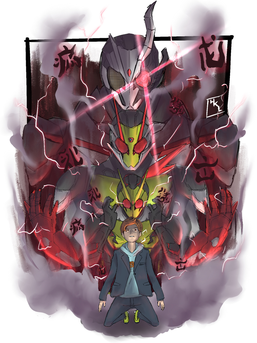 1boy antennae armor aura brown_eyes brown_hair compound_eyes crack glowing glowing_eye hakael1998 helmet hiden_aruto highres horns kamen_rider kamen_rider_01_(series) kamen_rider_ark-one kamen_rider_zero-one kamen_rider_zero-two lightning long_sleeves male_focus mask one-eyed power_armor red_eyes rising_hopper short_hair single_horn solo spoilers tokusatsu yellow_armor