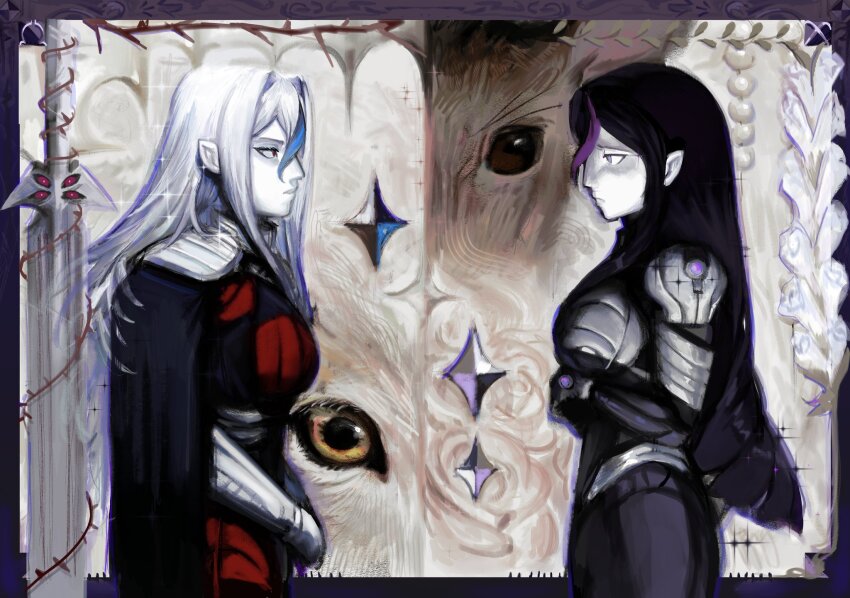 2girls armor black_cape black_hair blue_gemstone blue_streaks bodysuit border breastplate breasts cape colored_skin commentary deer english_commentary eva_(hundred_line) from_side gem hands_on_own_stomach highres long_hair looking_at_another multicolored_hair multiple_girls pkiirplayer plant purple_border purple_eyes purple_gemstone purple_streaks red_eyes shoulder_armor sparkle streaked_hair sword symmetrical_pose the_hundred_line_-last_defense_academy- thorns v&#039;ehxness vines weapon white_hair white_skin wolf