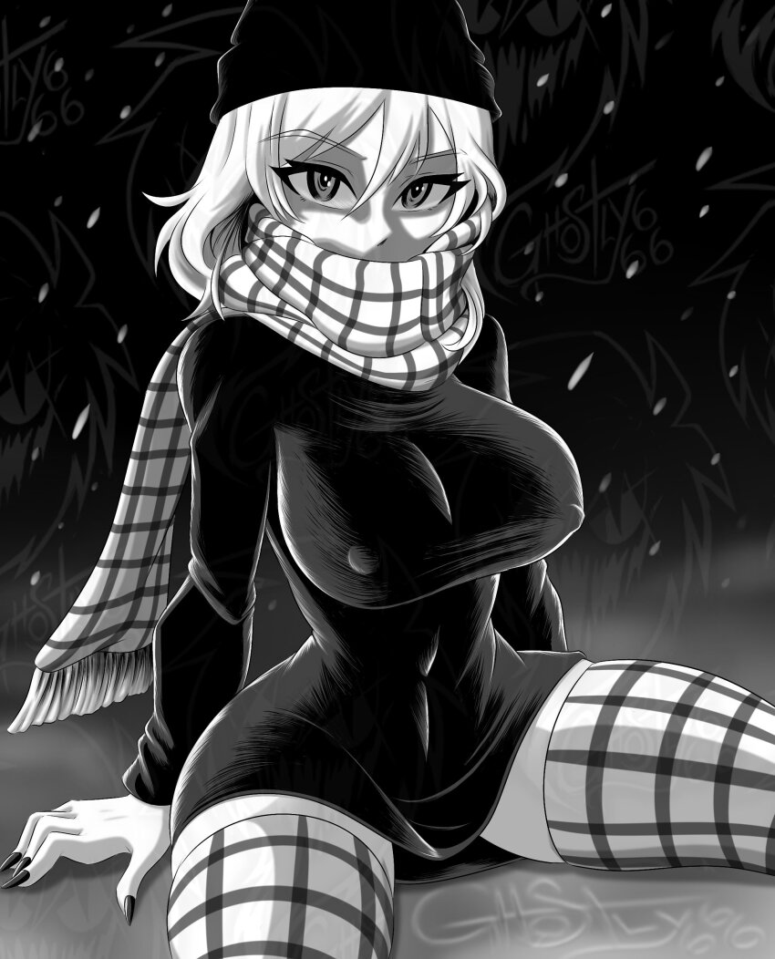 1girl absurdres adversarial_noise ai-generated_art_(topic) artist_name black_dress black_headwear black_nails borrowed_character breasts character_request covered_erect_nipples covered_mouth covered_navel dress ghostly666 greyscale hair_between_eyes highres large_breasts looking_at_viewer monochrome original plaid_clothes plaid_legwear plaid_scarf scarf shadow sitting skindentation snowing solo thighhighs troll_face white_hair